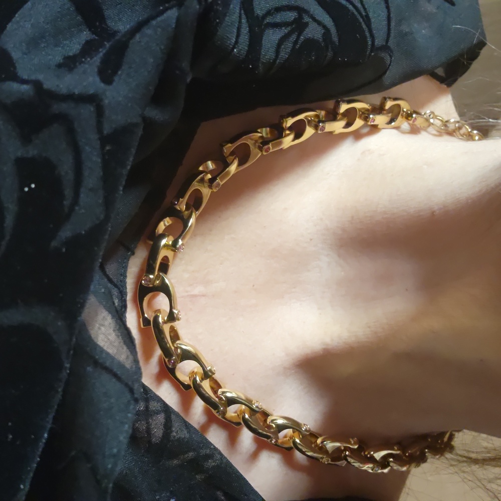 Coach Chunky Gold Cs Necklace Adorned with Pink Stones Like New w/dusty - Picture 11 of 11